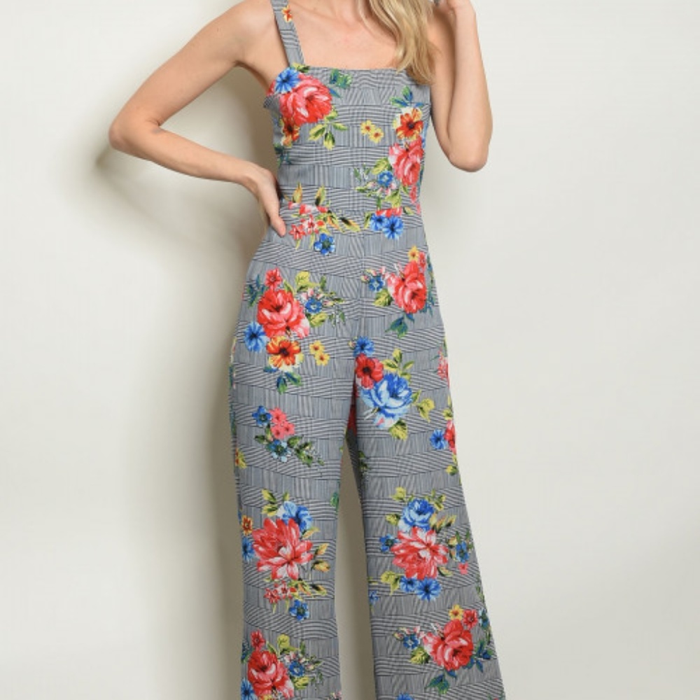 ✨HOST PICK✨ NAVY CHECKERED FLORAL JUMPSUIT